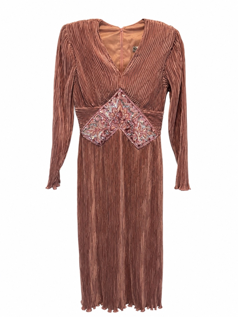 Vintage Ricki Lang for NUIT Dress Size 4 Pleated Beaded Sequin Mauve 80s USA